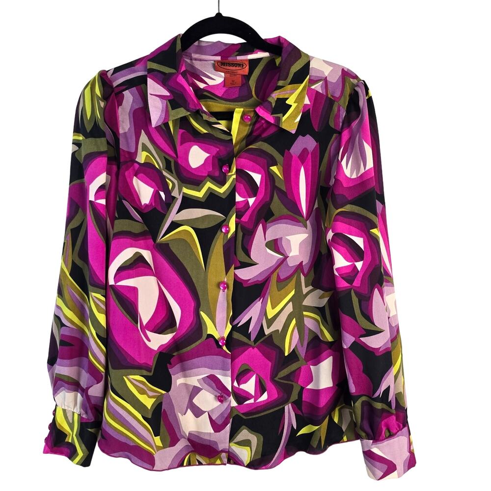 Missoni For Target Shirt Women's M Green Pink Abstract Floral Dressy Career Chic